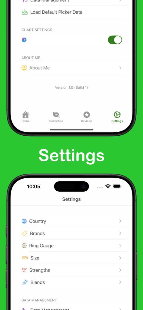 Menú de configuración para la aplicación de colección de puros Ash Tag con opciones para marcas y tamaños