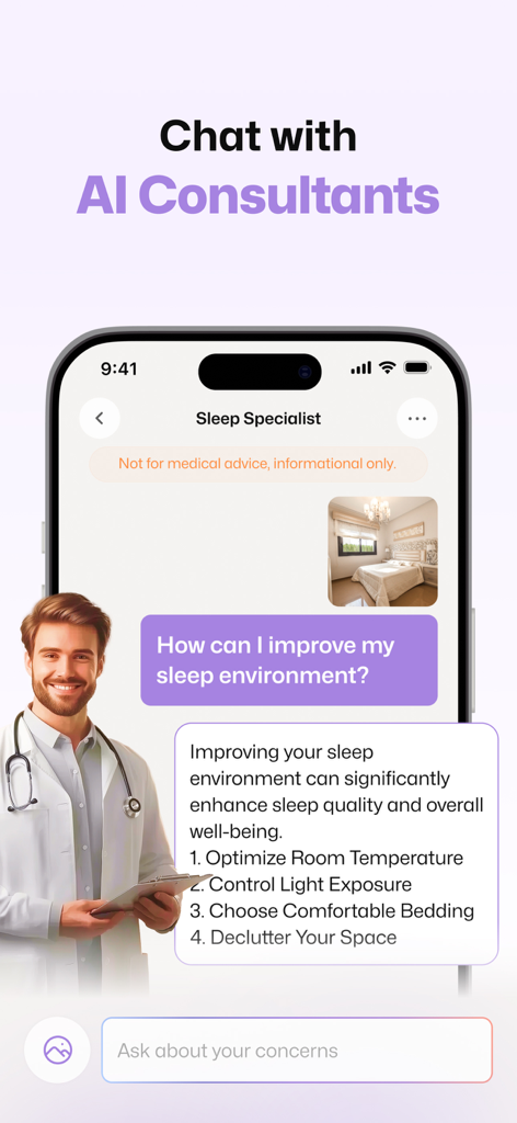 Mobile app interface showing a chat with an AI sleep specialist offering personalized tips to improve sleep quality