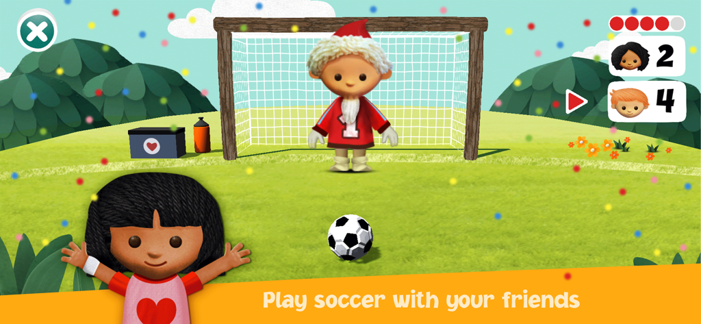 Die Sandmännchen-Figur spielt mit einem Freund Fußball in einer sanften digitalen Spielwelt für Kinder.