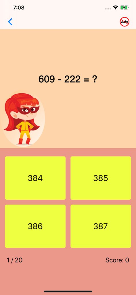 Third Grade Math Quiz app interface showing a subtraction problem 609 minus 222 with four multiple choice answer buttons and a cartoon superhero girl.