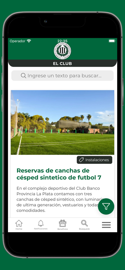 Club Banco Provincia La Plata - Interfaz de la app Club Banco Provincia La Plata mostrando detalles de reserva de cancha de fútbol.