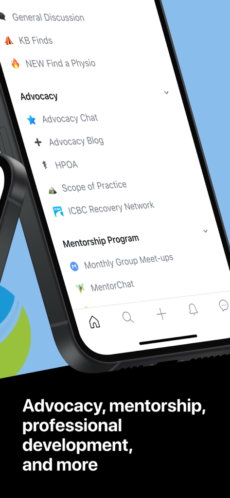 BC Physio Online Community - Interface móvel da Comunidade Online BC Physio mostrando opções de menu de advocacia e mentoria