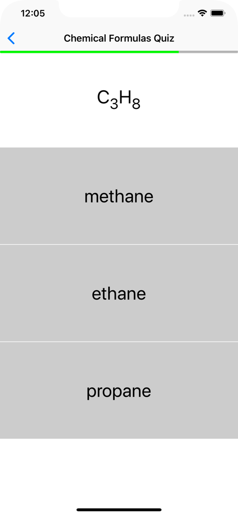 A multiple choice question in the Chemical Formulas Quiz app for the formula C3H8