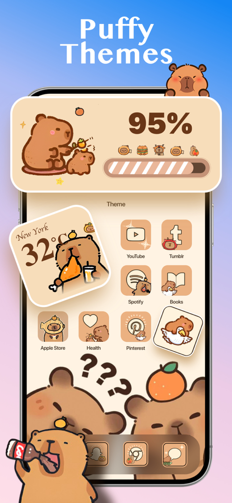 Live Wallpaper-Charing 4K - Custom iPhone home screen featuring an aesthetic puffy capybara theme with matching icons and widgets.