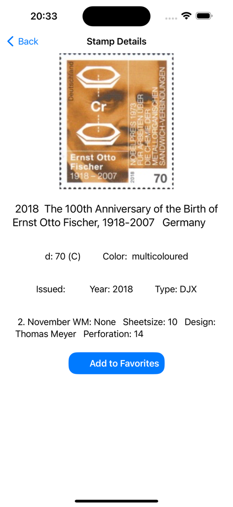 Stamp Collector: World Catalog - Detailed information for a 2018 German stamp commemorating Ernst Otto Fischer including issue date and perforation