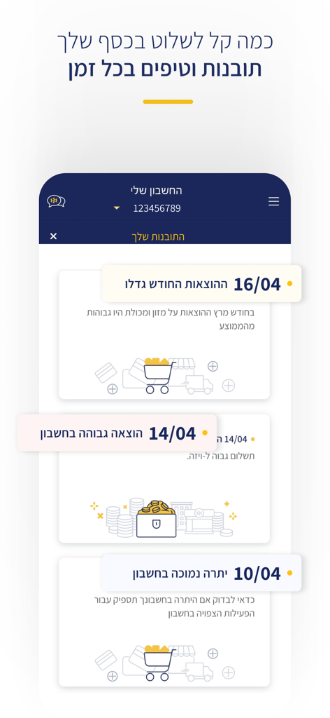 אוצר החייל הבנק הבינלאומי - 히브리어로 된 맞춤형 금융 인사이트 및 계좌 알림을 표시하는 오자르 하하얄 뱅킹 앱의 모바일 인터페이스.