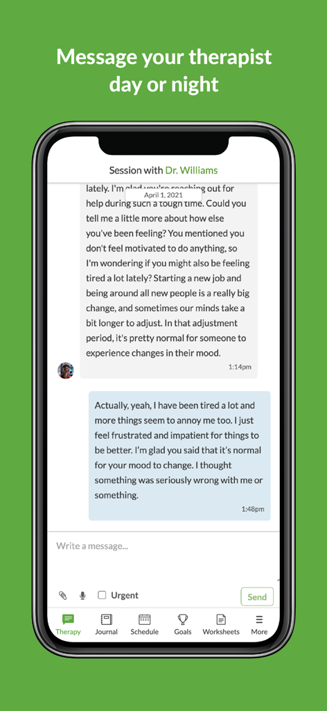 BetterHelp - Therapy - 資格を持つセラピストとの安全なメッセージチャットを表示するBetterHelpアプリのインターフェース