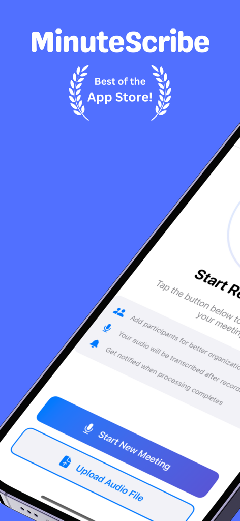 Meeting Recorder Minutes: Scrb - MinuteScribe app home screen showing options to start a new meeting or upload an audio file for AI transcription