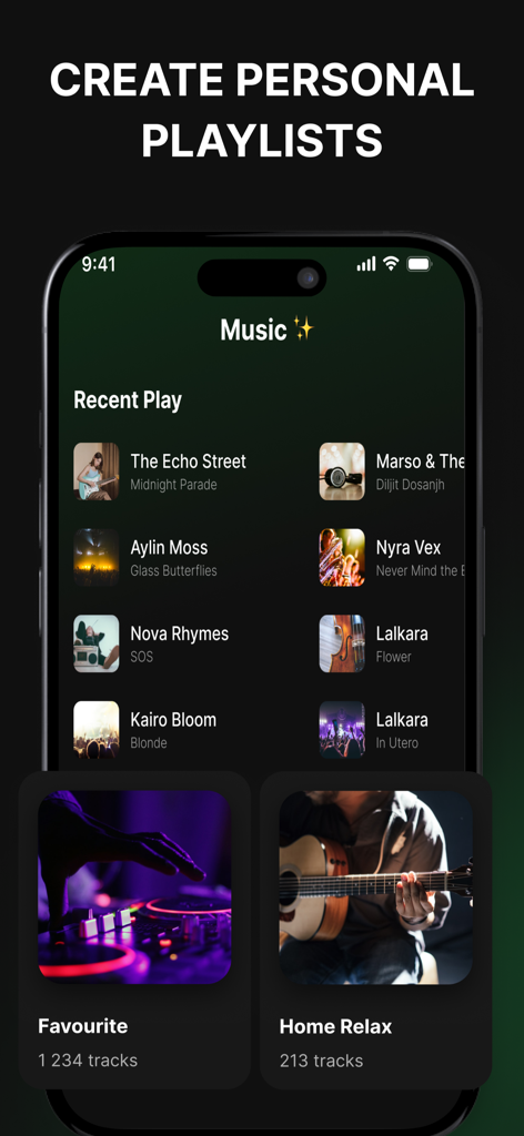Offline Music Player‧ - Una interfaz de smartphone mostrando la aplicación reproductor de música offline con una lista de pistas reproducidas recientemente y listas de reproducción de música personalizadas.