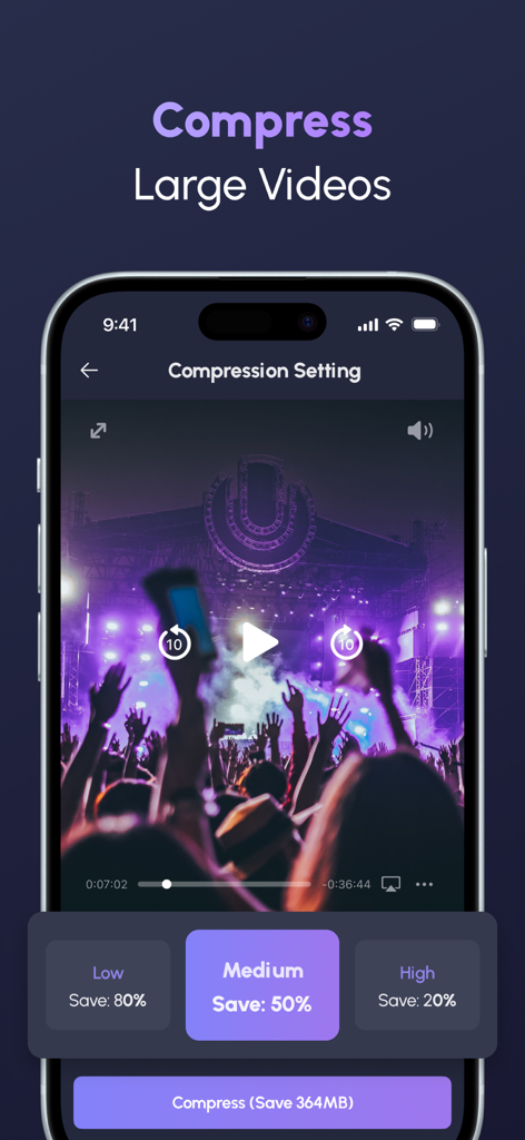 Pantalla de iPhone que muestra la configuración de compresión de video en la aplicación Magic Cleaner con opciones para ahorro de almacenamiento bajo, medio y alto.