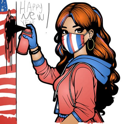 realistic girl with mask spray painting a wall