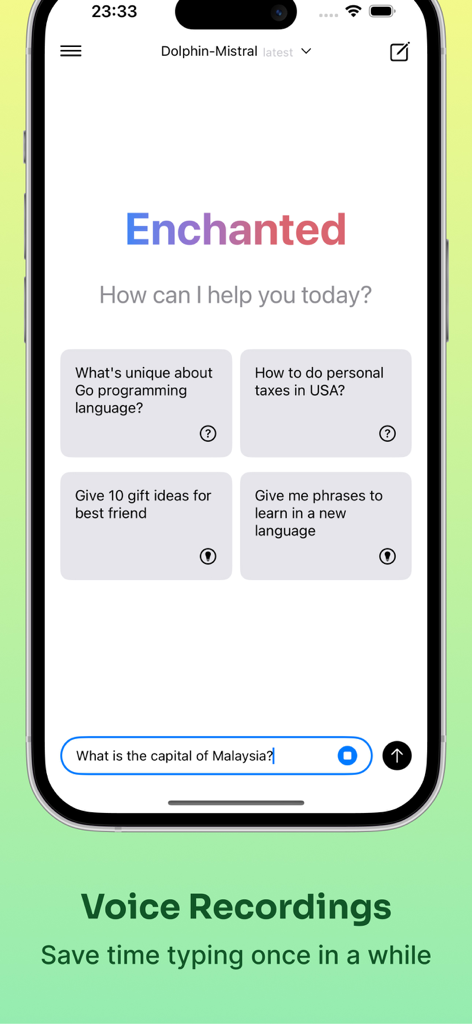 Enchanted Developers Only - Enchanted app chat interface featuring prompt suggestions and a voice recording highlight
