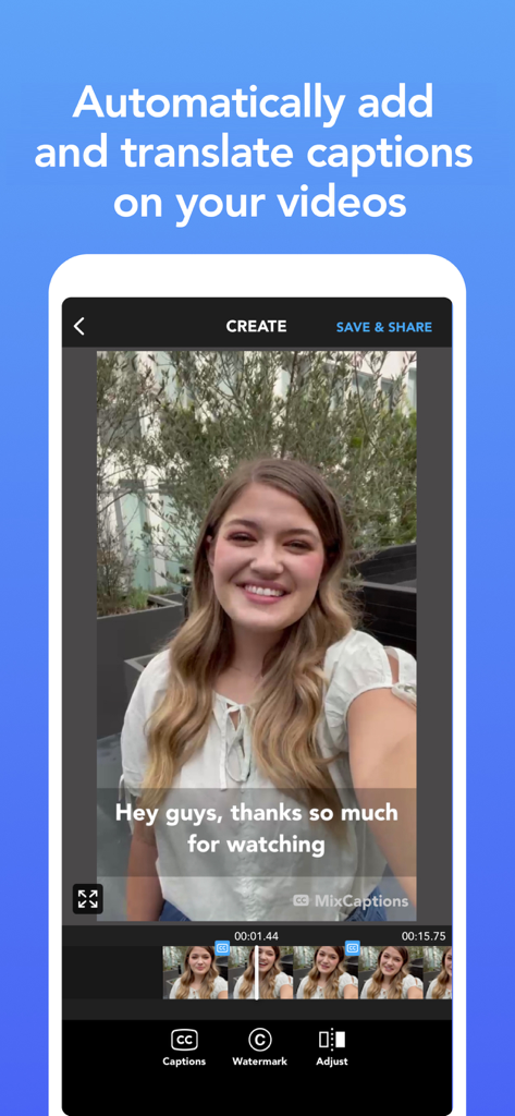 MixCaptions app interface showing a video with automatically generated text captions on a smartphone screen.