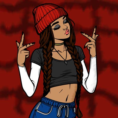 realistic teenage girl with braids and a beanie and crop top doing 🫶🏼