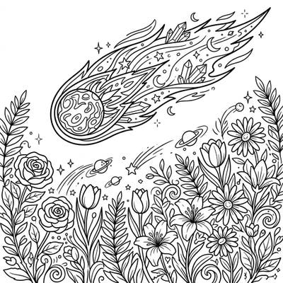 Embark on an extraordinary coloring adventure where the mysteries of space collide with the beauty of a spring garden. This intricate design features a majestic interstellar comet soaring above a lush tapestry of blooming flowers.