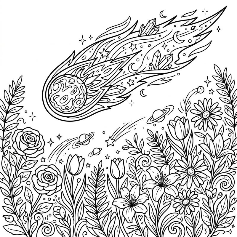 Embark on an extraordinary coloring adventure where the mysteries of space collide with the beauty of a spring garden. This intricate design features a majestic interstellar comet soaring above a lush tapestry of blooming flowers.
