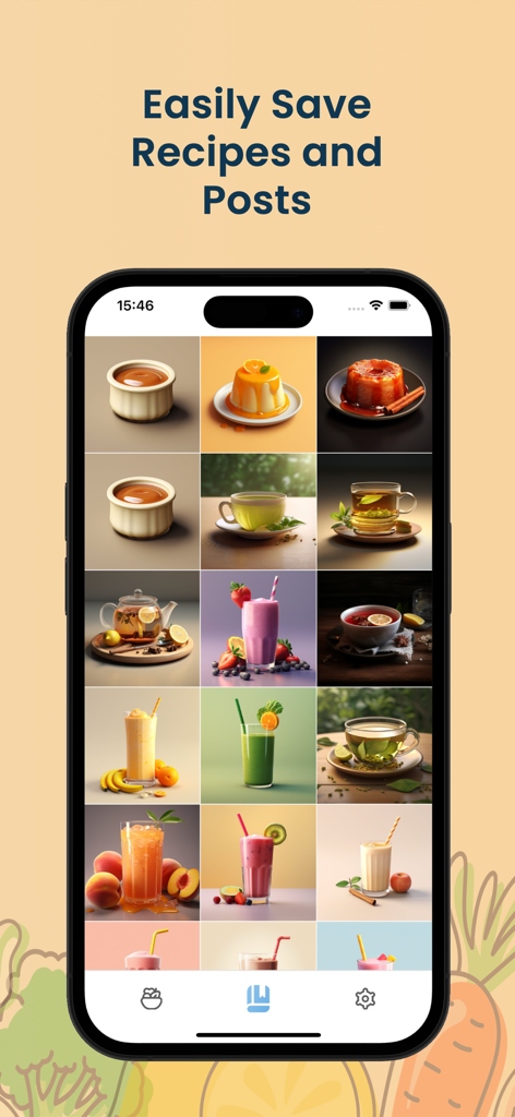 A smartphone displaying a visual grid of saved baby food and drink recipes within the app