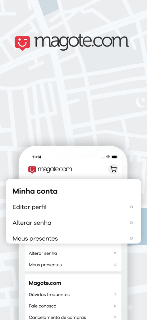 Interface do aplicativo Magote mostrando o menu Minha Conta com opções para edição de perfil e alteração de senha