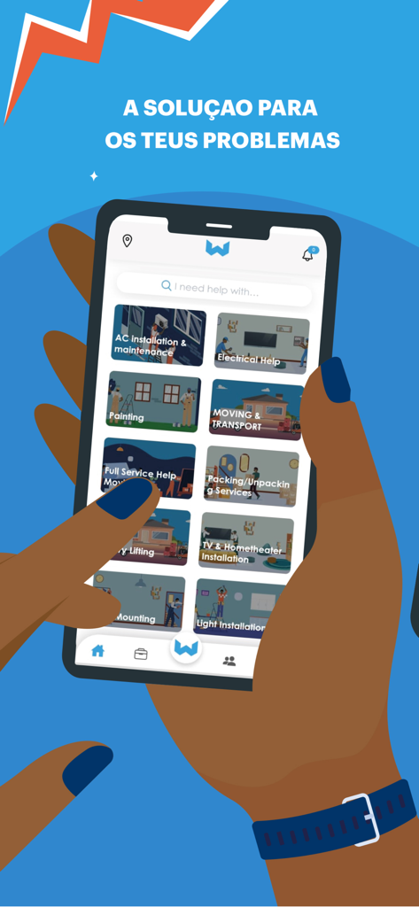 Une main tenant un smartphone affichant diverses catégories de services à domicile disponibles sur l'application Work