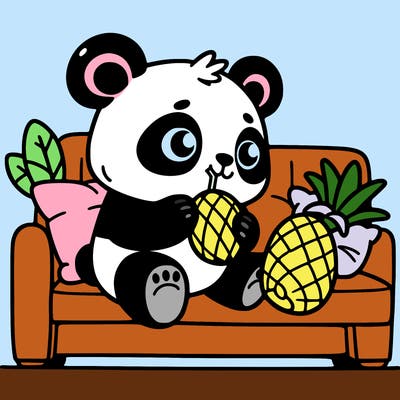 panda eating pineapple on the coucch