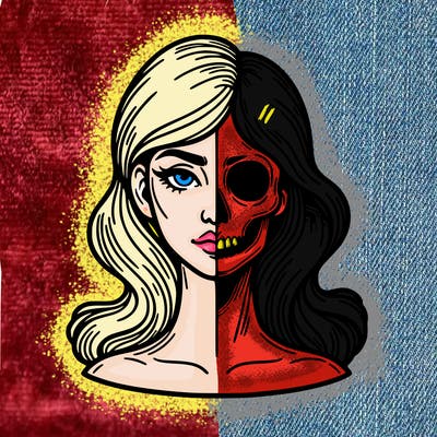 bust of a woman, half face and hair, half skull