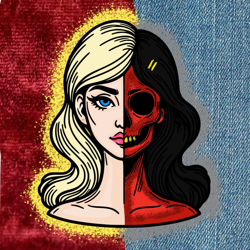 bust of a woman, half face and hair, half skull