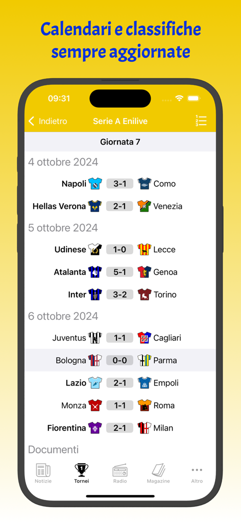Parma Live app displaying Serie A match results and scores