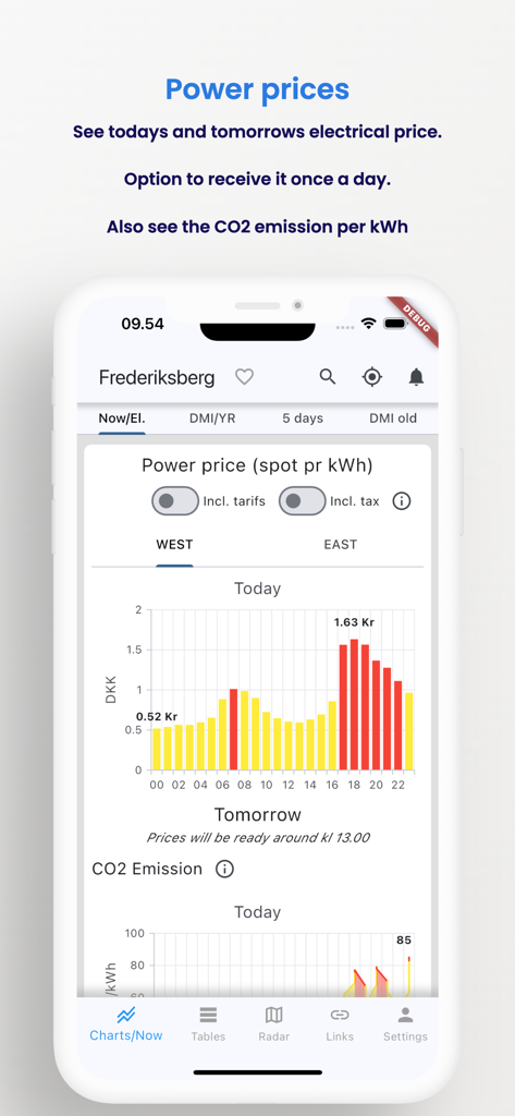Weather from DMI and YR - Eine mobile Anwendungsoberfläche, die ein Balkendiagramm für tägliche Strompreise und CO2-Emissionen anzeigt