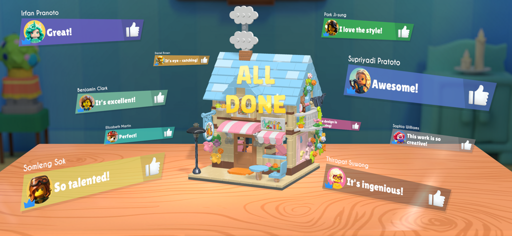 Buildit - Chill Brick Game - A completed digital brick building with All Done text and positive user comments