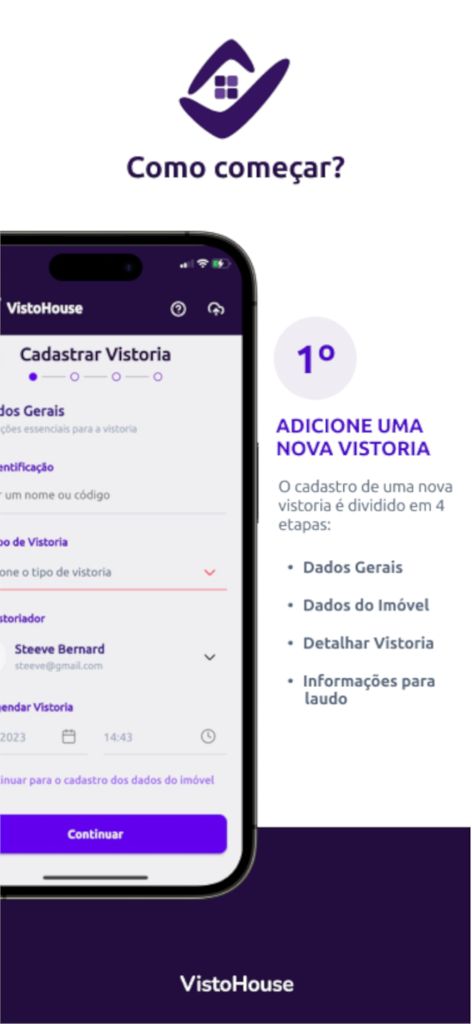 새로운 부동산 점검 보고서 생성의 첫 단계를 보여주는 VistoHouse 앱의 모바일 인터페이스.