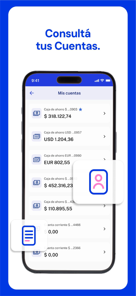 Pantalla de smartphone que muestra los saldos de cuentas de ahorro y corrientes en la aplicación de banca móvil Nueva App Macro