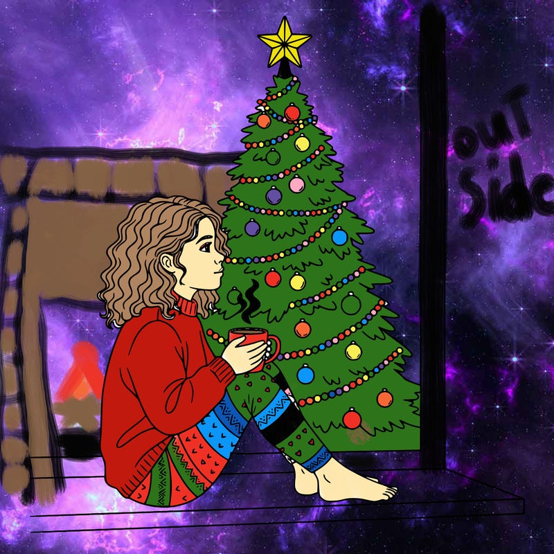 a girl sitting in the window with a cofee and behind she is a chrismas tree