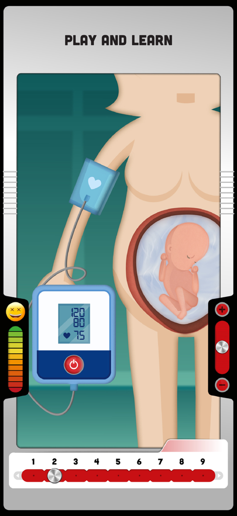 The Human Body: Learn Anatomy - An educational screen showing a pregnant woman with a fetus in the womb and a digital blood pressure monitor.