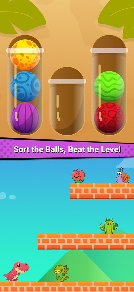 Dinosaur games for kids 3-8 - Dinosaur game showing ball sorting and a character platformer level