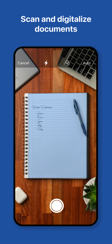 GMX - Mail & Cloud - Smartphone screen showing the GMX app scanning a handwritten notebook to digitalize documents