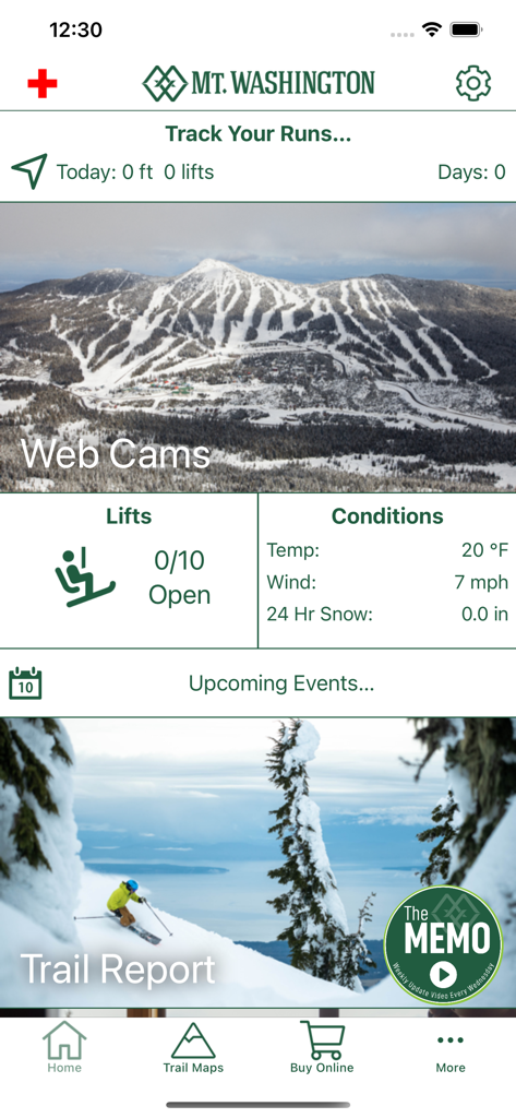 Startbildschirm der Mt. Washington Alpine Resort App mit Liftstatus, Wetterbedingungen und Berg-Webcams