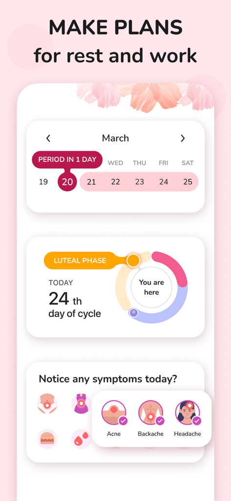 Interfaccia dell'app Monitoraggio Ciclo e Calendario che mostra il progresso della fase del ciclo e la registrazione dei sintomi
