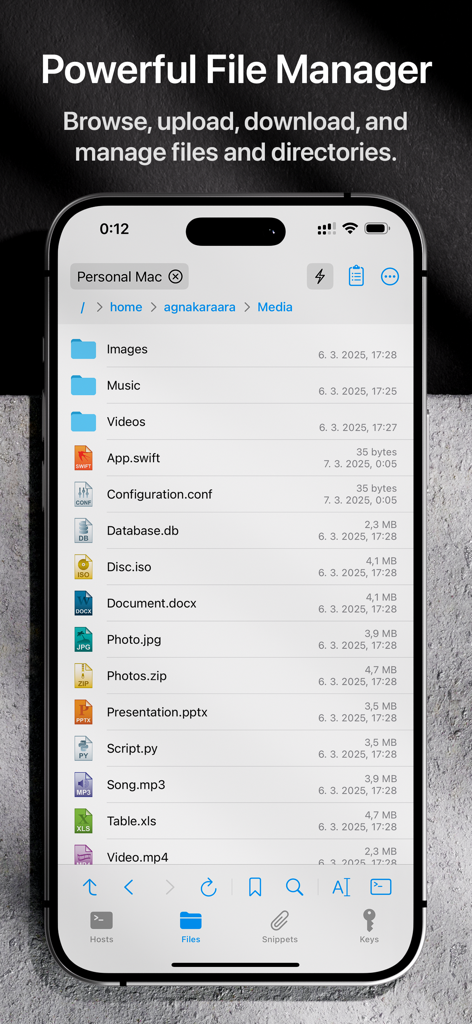 Termix: SSH Client & Terminal - Screenshot of the Termix app file manager showing a list of files and folders on an iPhone