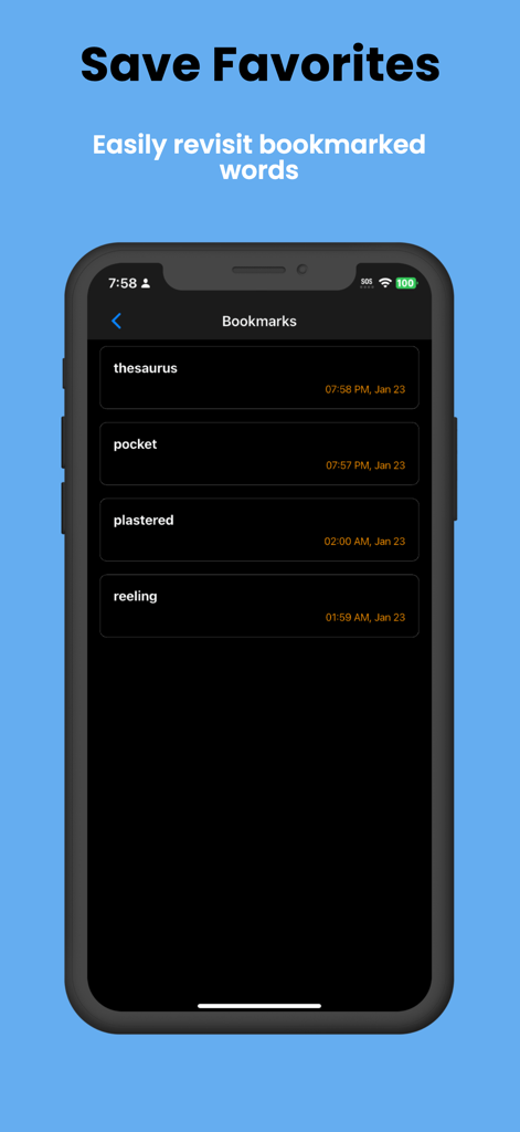 Pocket Thesaurus - Captura de pantalla de la aplicación Pocket Thesaurus que muestra la pantalla de Marcadores con una lista de palabras guardadas y marcas de tiempo.
