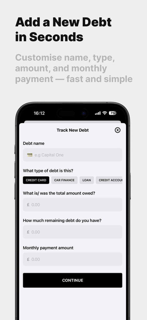 Balance Due - Setup screen for adding a new debt in the Balance Due app with fields for name, debt type, and amount.
