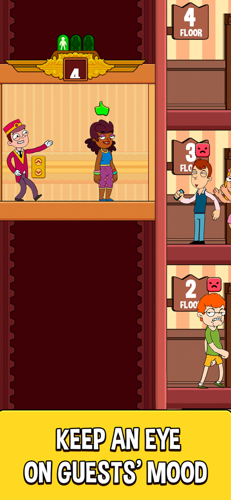 Hotel doorman managing an elevator with guests displaying happy and angry mood icons