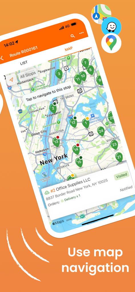 Interface de l'application Track-POD montrant un itinéraire de livraison avec des arrêts numérotés sur une carte de New York et des options de navigation