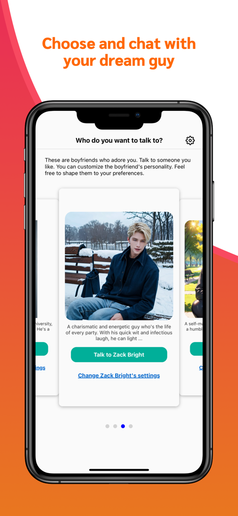 AI Boyfriend:Love Chat Partner - AI彼氏アプリのインターフェース。ザック・ブライトという名前の仮想の彼氏のプロフィールが表示されたキャラクター選択画面。
