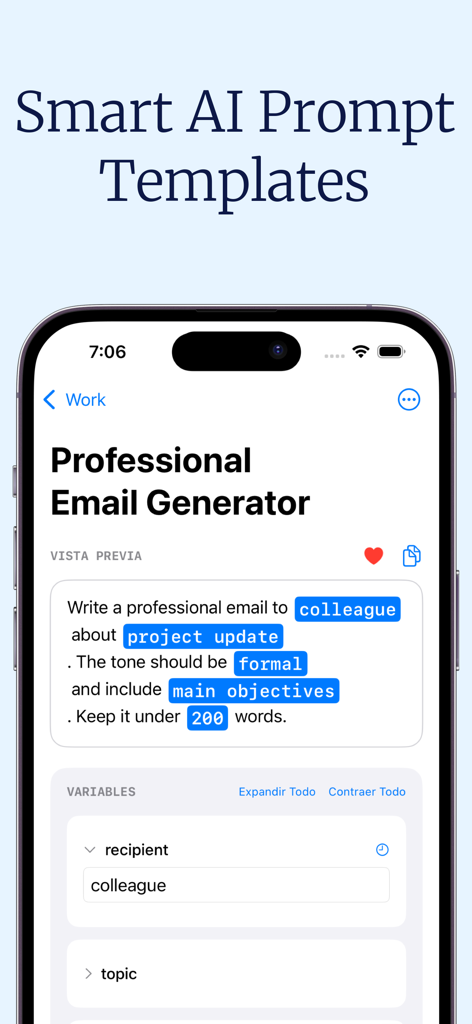 プロンプトの動的変数を備えたプロフェッショナルなメールジェネレーターを示すPromptyアプリのiPhoneスクリーンショット。