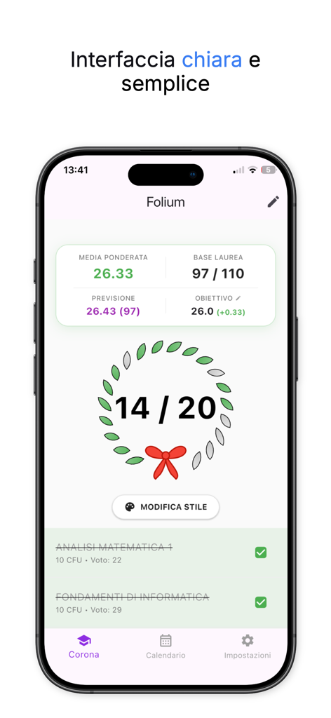 Folium-Libretto Universitario - Smartphone screen showing Folium app dashboard with university grade statistics and a visual laurel wreath progress tracker.