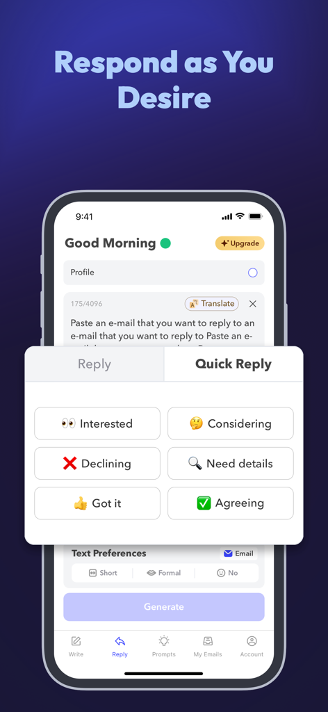 AI Email Generator: Xemail - Interfaz de la aplicación móvil Xemail que muestra opciones de respuesta rápida automatizadas para correos profesionales.