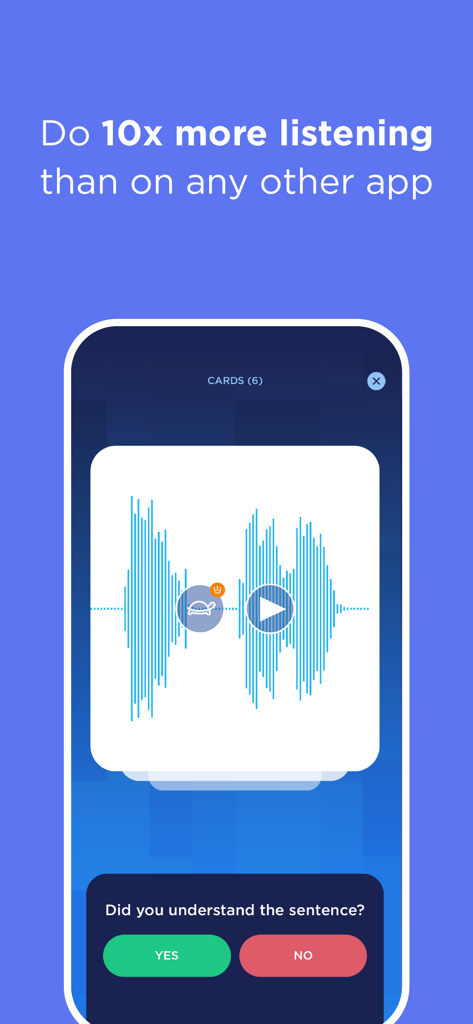 Interfaz de la aplicación Mooveez que muestra una forma de onda de audio y una pregunta de comprensión para la práctica de escucha de idiomas.