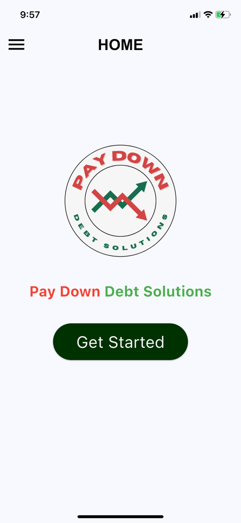 Pay Down Velocity Banking - Pantalla de inicio de la aplicación Banca de Velocidad para Pagar Deudas con el logo y un botón de Empezar