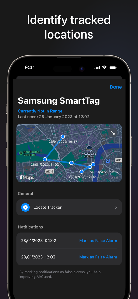 AirGuard - Tracking Protection - AirGuard app screen identifying tracked locations of a Samsung SmartTag on a map