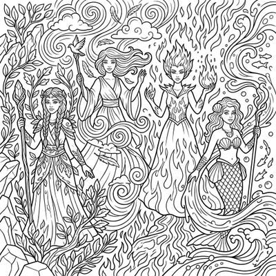 Embark on a mystical journey with this stunning adult coloring page featuring four powerful elemental witches. Dive into intricate details as you bring the forces of earth, air, fire, and water to life.